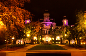 Syracuse University shines  purple lights on the Hall of Languages in recognition of Domestic Violence Awareness month this October. 