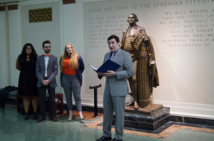 With President-elect James Franco and Vice President-elect Angie Pati in attendance, committee members presented before the Student Association assembly why their initiatives should be carried over to the 61st legislative session.