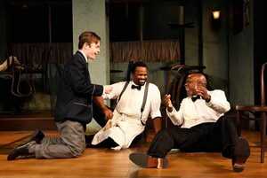 Nick Apostolina, Phumzile Sojola and L. Peter Callender (left to right) perform a scene from “‘Master Harold’ ... and the Boys.” The virtual performance will close Syracuse Stage’s 2020-21 season.