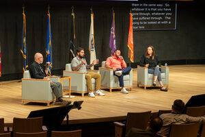 Garra Lloyd-Lester leads a panel discussion with Joule Mtanoes, Kyle Thomson and Leah Piorkowski at the 3rd annual Suicide Prevention Education Talk. The SPEd talk emphasized the importance of inviting conversations about suicide, rather than avoiding them.  