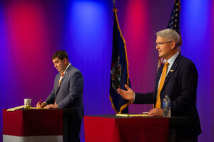 John Mannion (left) and Brandon Williams (right) debate at the WCNY-TV studio near Syracuse's Westside neighborhood Tuesday night. The two are vying for the New York 22nd congressional district seat in the United States House of Representatives. 