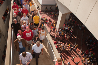 Fans flock to the Georgia Dome to watch the Louisville vs. Wichita St. matchup.