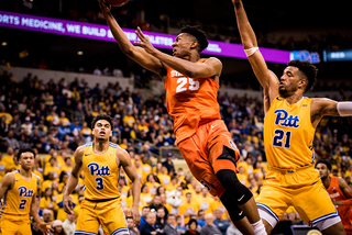 Battle drove hard left then finished with his right hand on the rim during the second half, when he scored all six of his points. His season average is 18. 