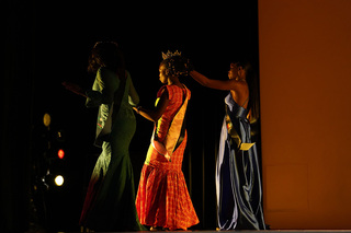 Miss Nigeria, Miss Guinea, and the newly crowned Miss Africa walk off stage together, hand-in-hand, at the finale of the pageant.